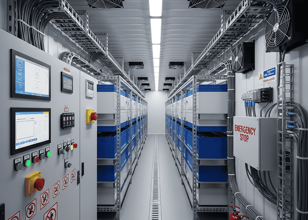 Vnitřní pohled bateriové úložiště energobox grafika