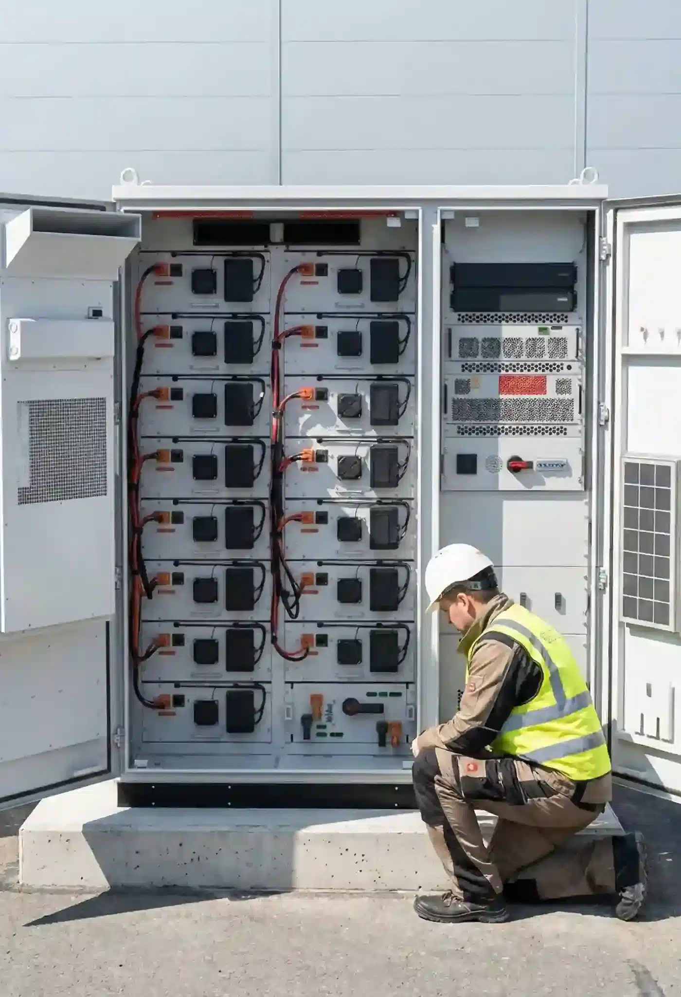 technik kouká do bateriového úložiště pro firmy